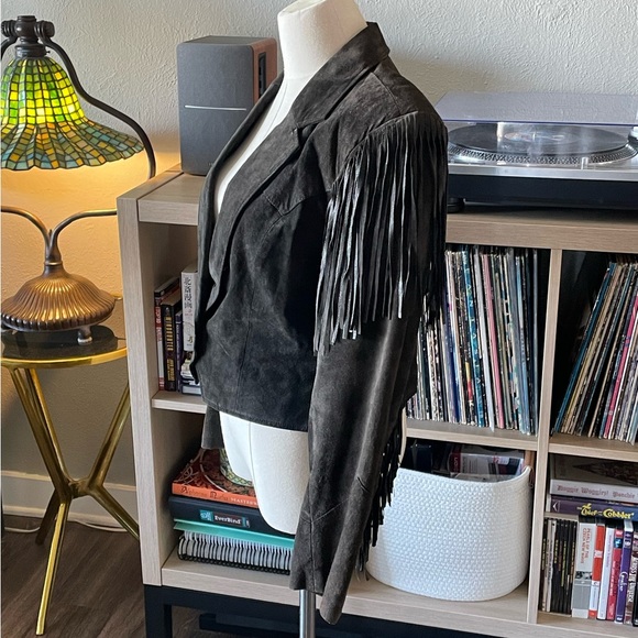 Vintage Leather Suede Fringe Charcoal Black Jacket - Picture 3 of 8